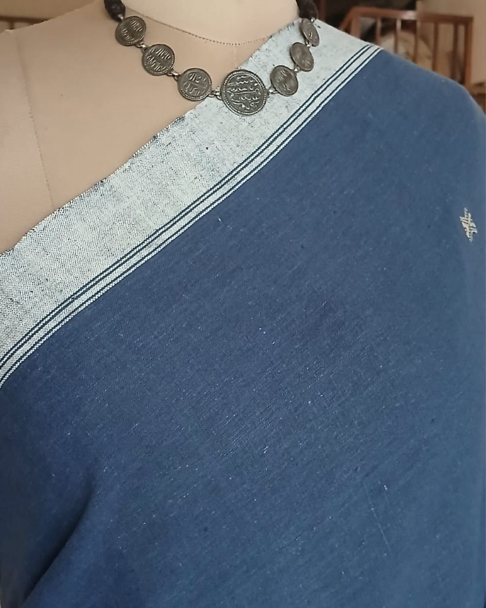 Indigo Kala Cotton Bhujodi with Tussar Silk Highlights – (BHUJ0015) - Image 6