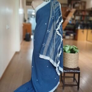 Indigo Kala Cotton Bhujodi with Tussar Silk Highlights – (BHUJ0015)