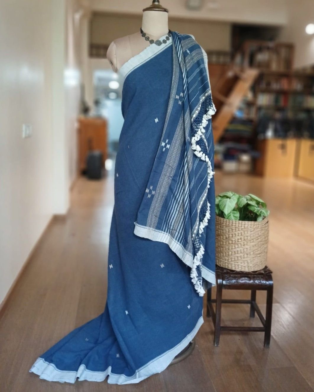 Indigo Kala Cotton Bhujodi with Tussar Silk Highlights – (BHUJ0015)