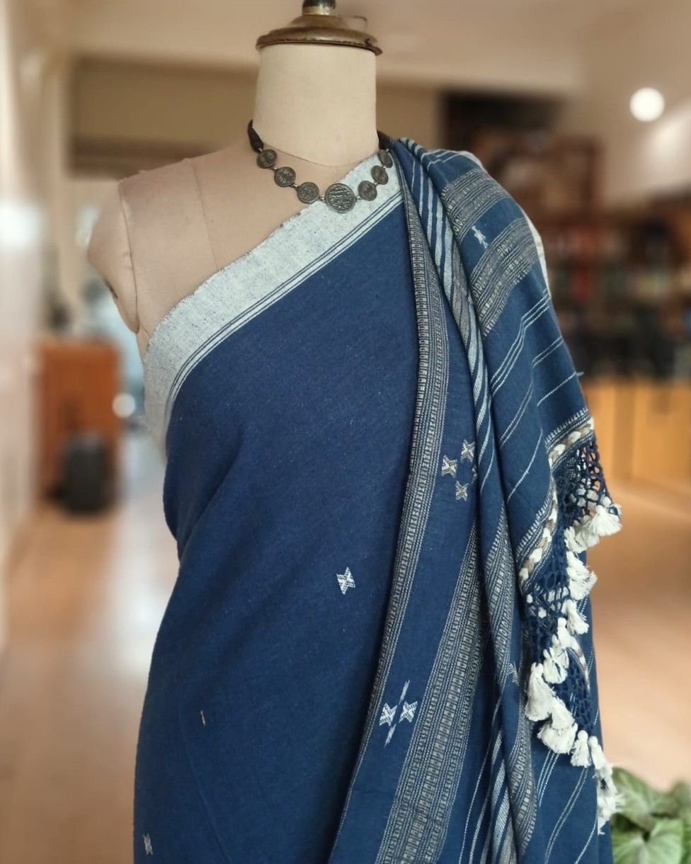Indigo Kala Cotton Bhujodi with Tussar Silk Highlights – (BHUJ0015) - Image 4