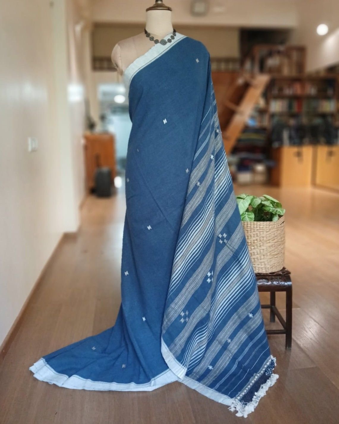 Indigo Kala Cotton Bhujodi with Tussar Silk Highlights – (BHUJ0015) - Image 2