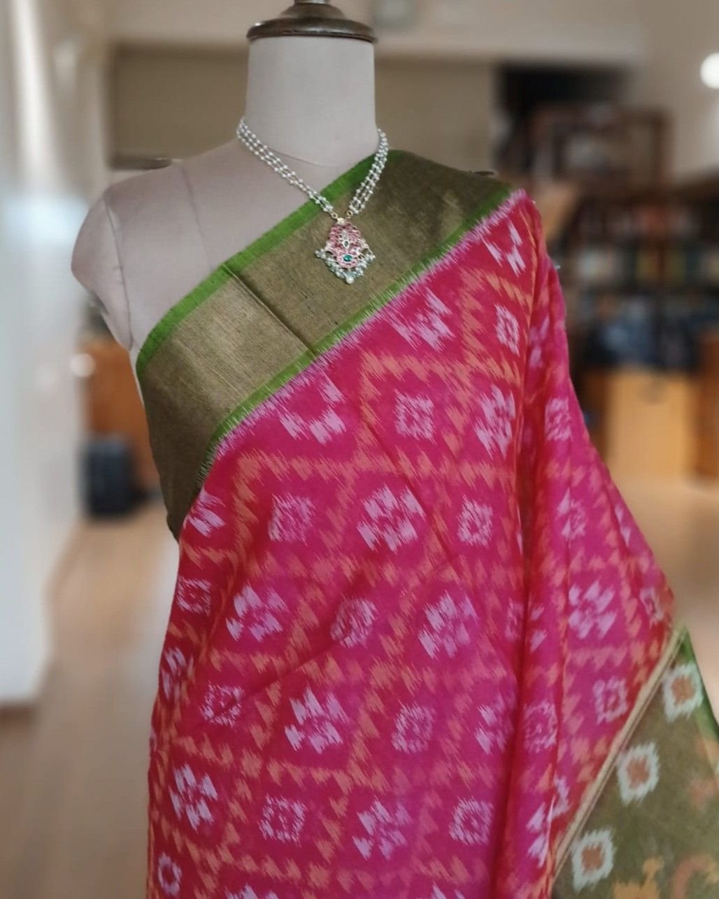 Handloom Single Ikat in Silk-Cotton Saree - (HSIS0009) - Image 2