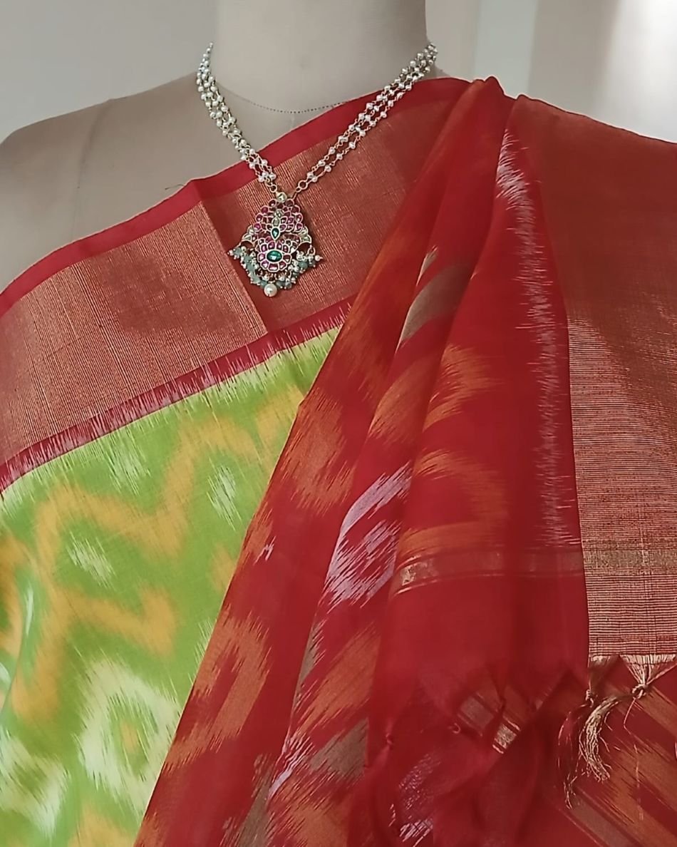Handloom Single Ikat in Silk-Cotton Saree - (HSIS0007) - Image 7