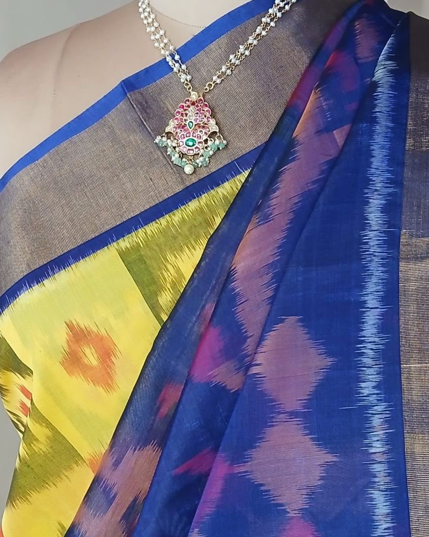 Handloom Single Ikat in Silk-Cotton Saree - (HSIS0015) - Image 6