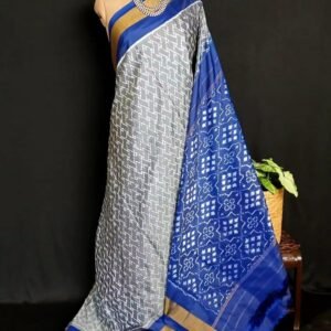 Classy Grey and Blue Single Ikat Silk Saree - (NZIS0002)