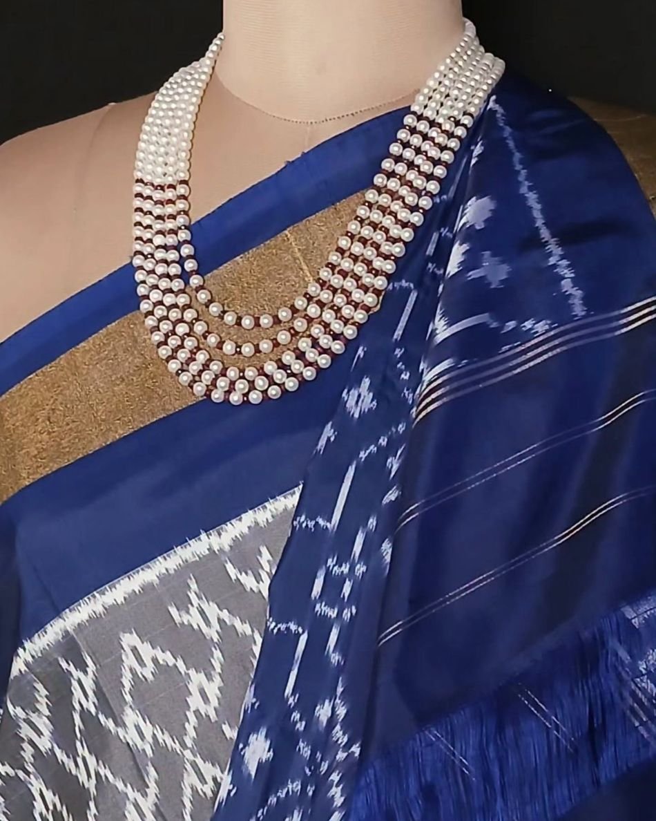 Classy Grey and Blue Single Ikat Silk Saree - (NZIS0002) - Image 2