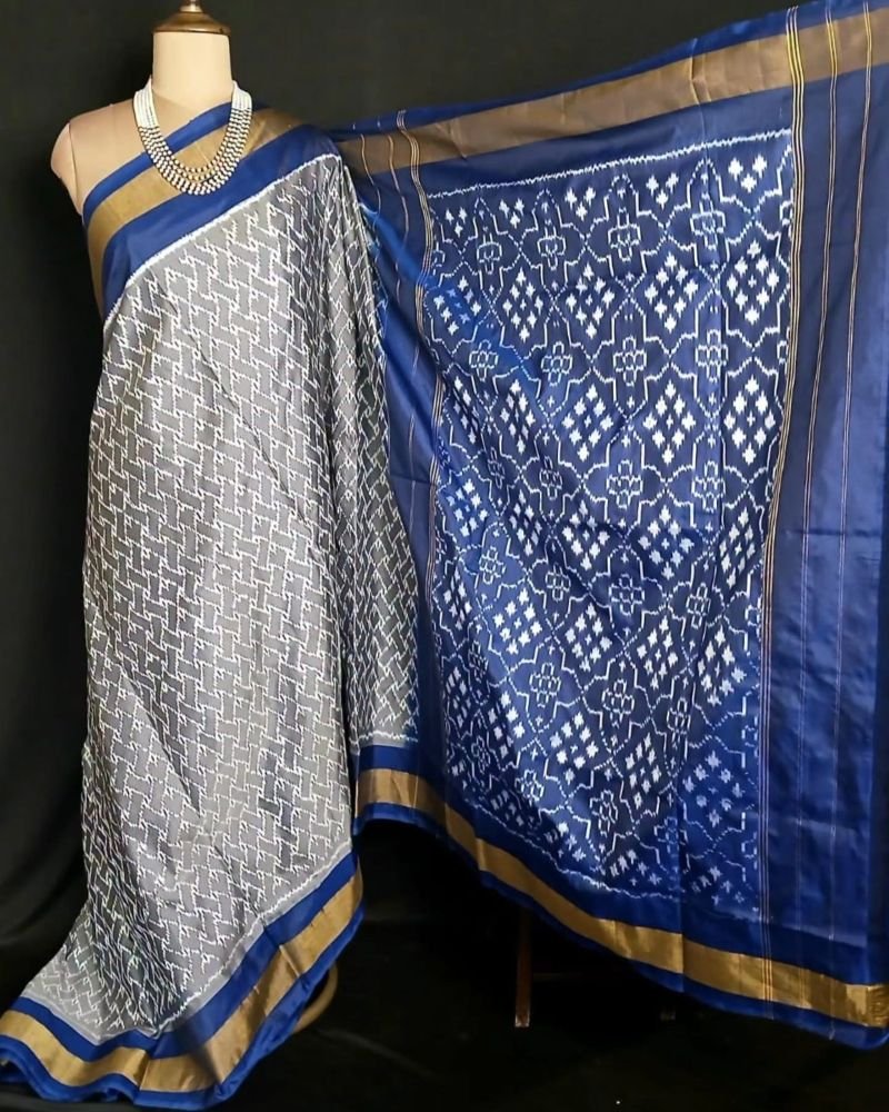 Classy Grey and Blue Single Ikat Silk Saree - (NZIS0002) - Image 3