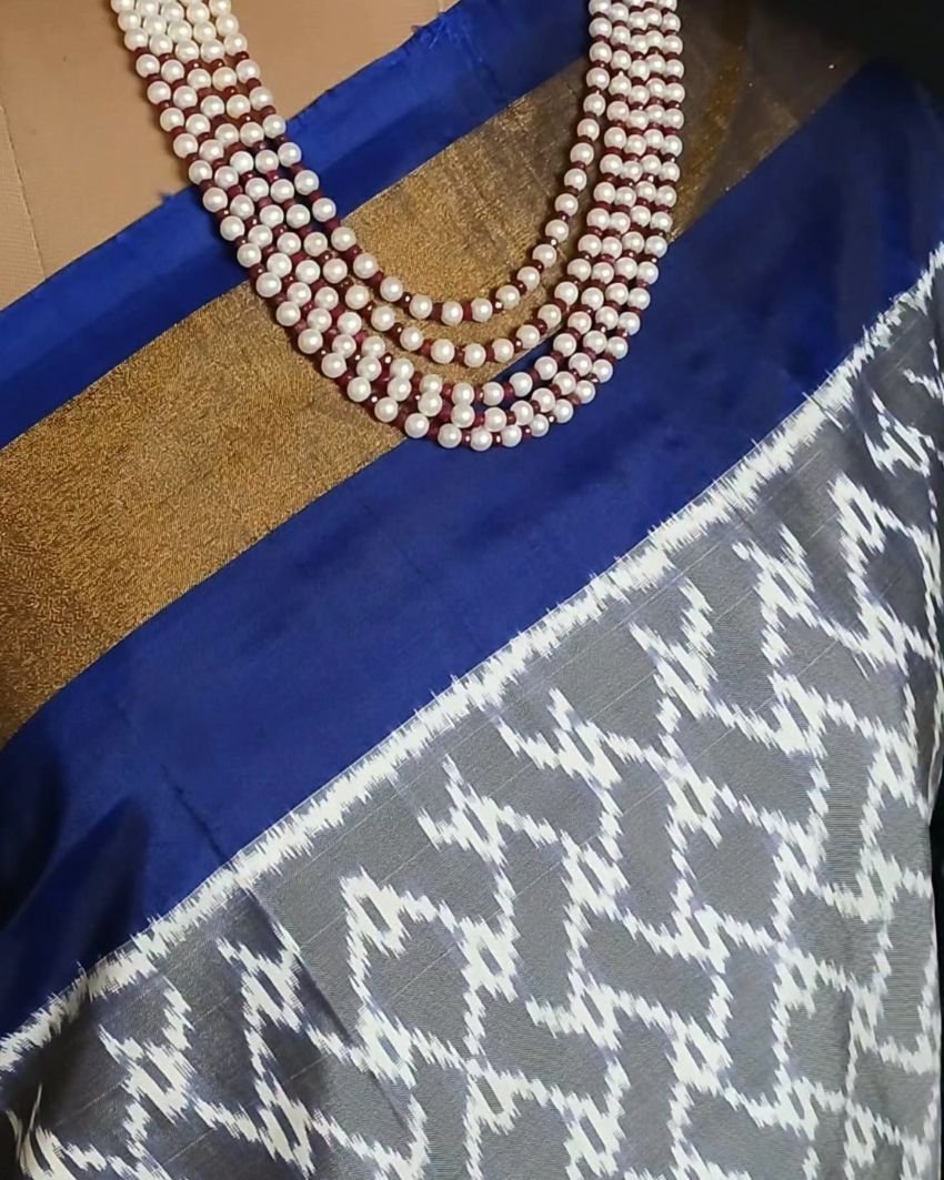 Classy Grey and Blue Single Ikat Silk Saree - (NZIS0002) - Image 4