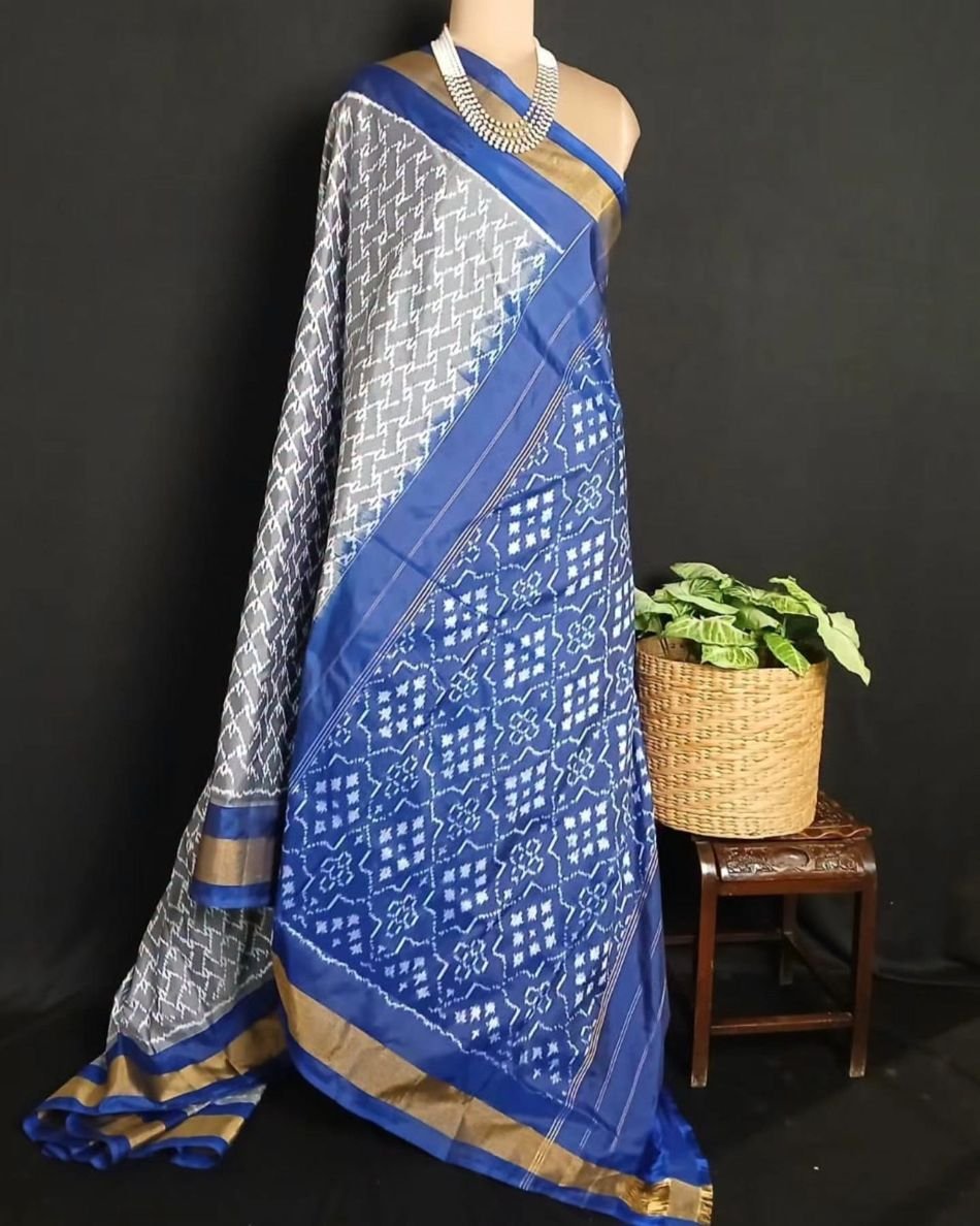 Classy Grey and Blue Single Ikat Silk Saree - (NZIS0002) - Image 8