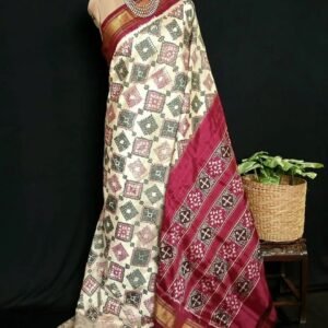 Ivory Coloured Single Ikat Silk Saree - (NZIS0004)