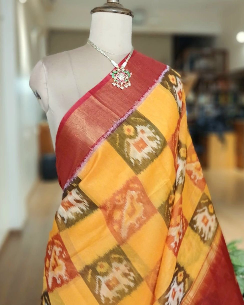 Handloom Single Ikat in Silk-Cotton Saree - (HSIS0020) - Image 2