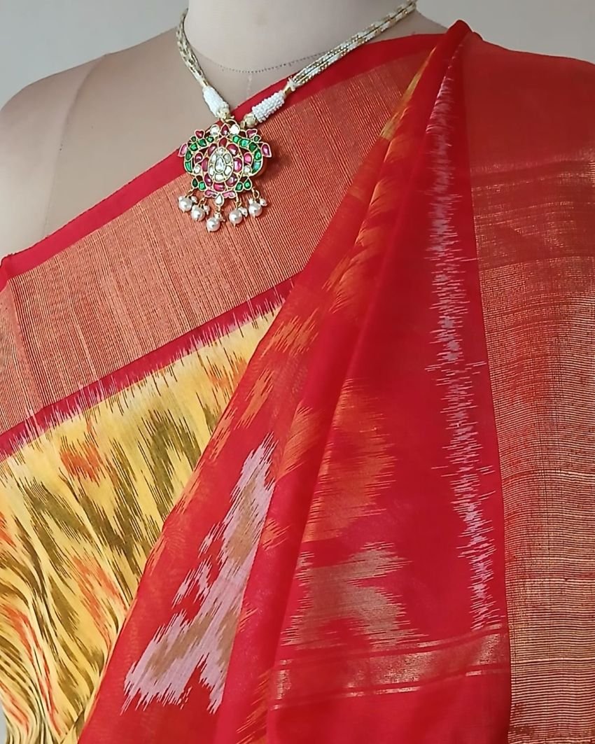 Handloom Single Ikat in Silk-Cotton Saree - (HSIS0023) - Image 6