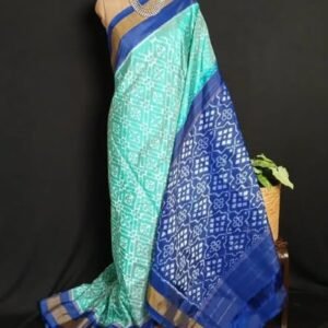 Light Teal Green and Blue Single Ikat Silk Saree - (NZIS0007)