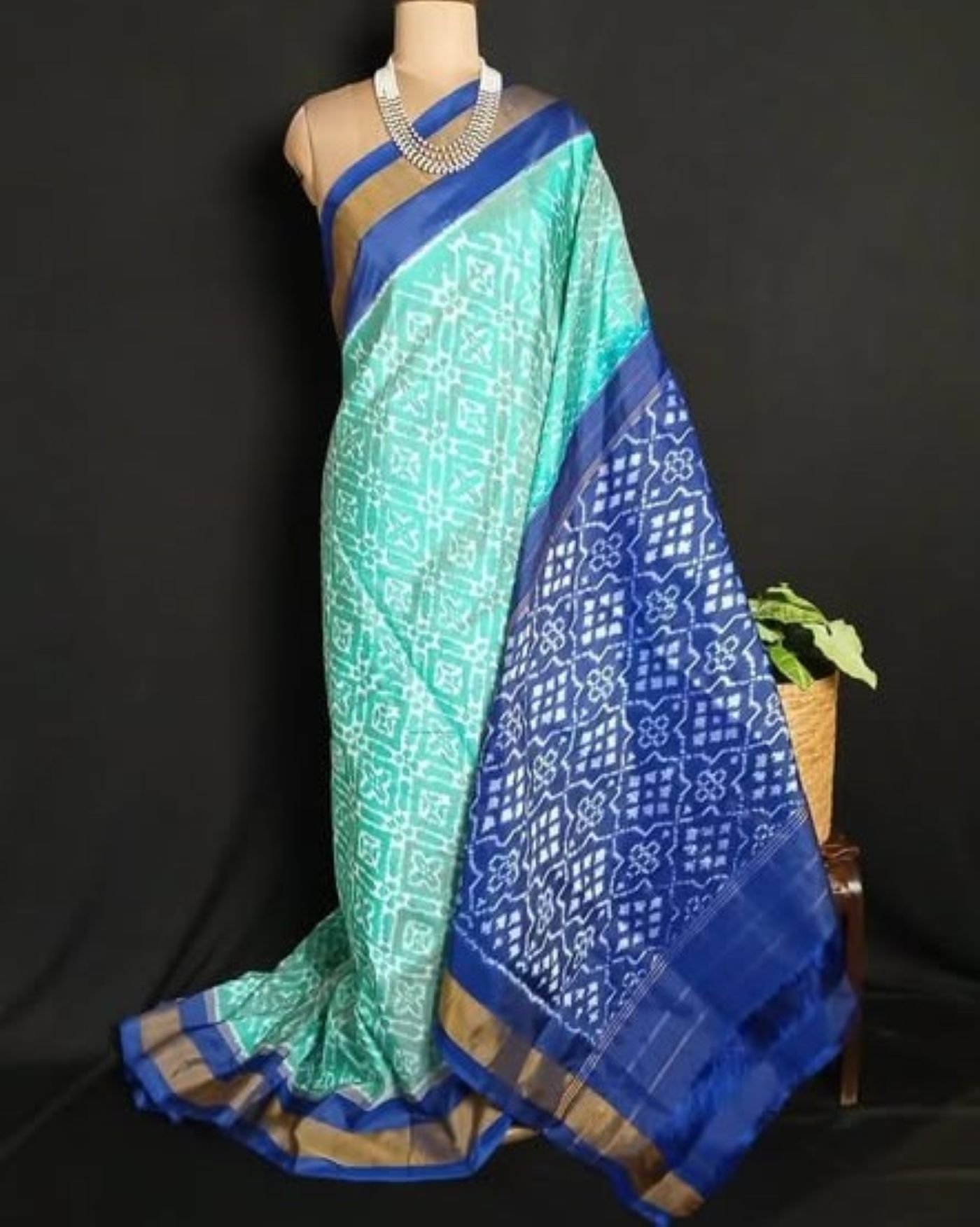 Light Teal Green and Blue Single Ikat Silk Saree - (NZIS0007)