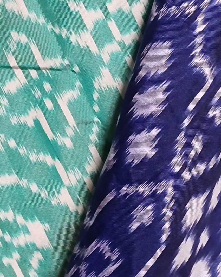 Light Teal Green and Blue Single Ikat Silk Saree - (NZIS0007) - Image 3