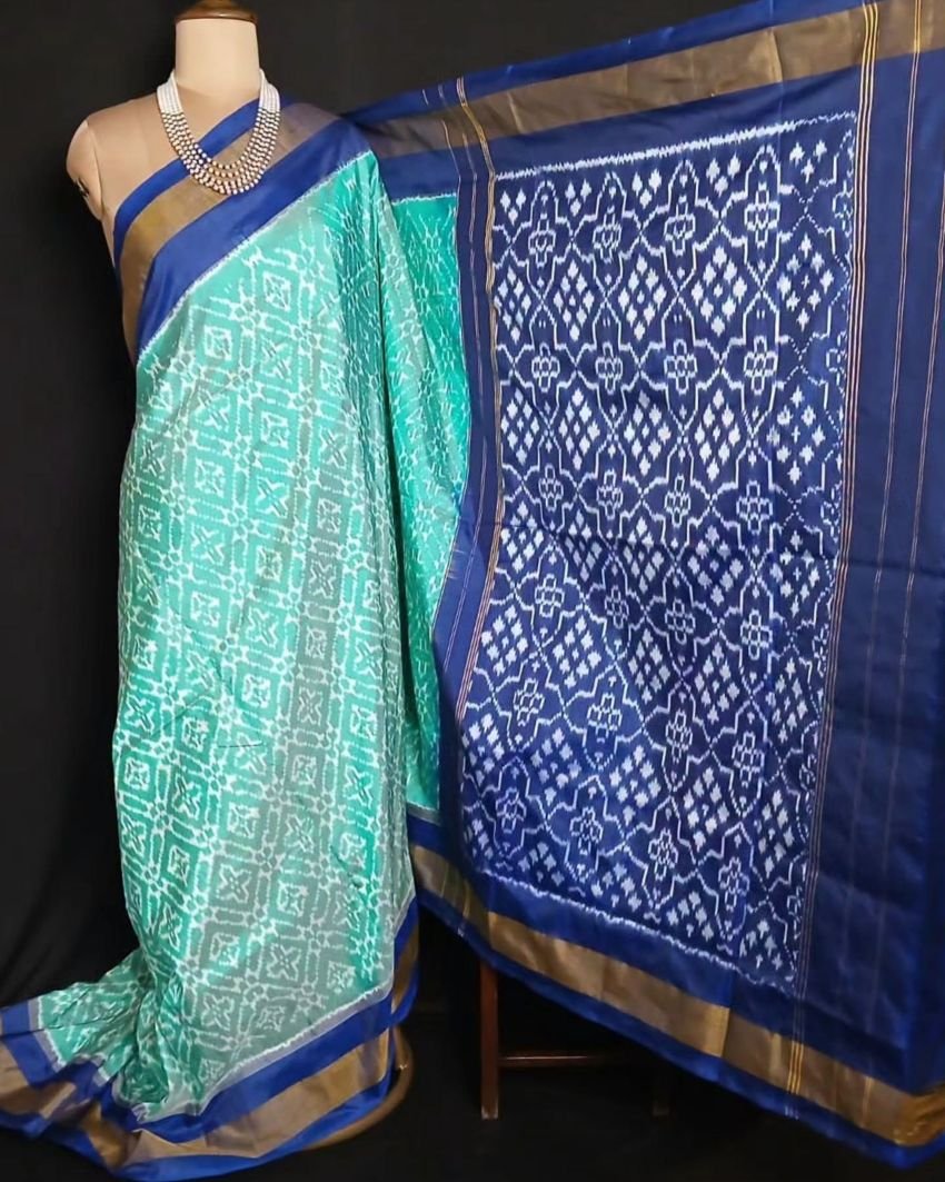 Light Teal Green and Blue Single Ikat Silk Saree - (NZIS0007) - Image 4
