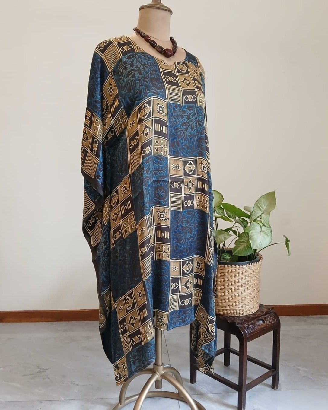 Short Kaftan-style dress in Natural dyes Ajrakh modal silk -(LKSD0013)