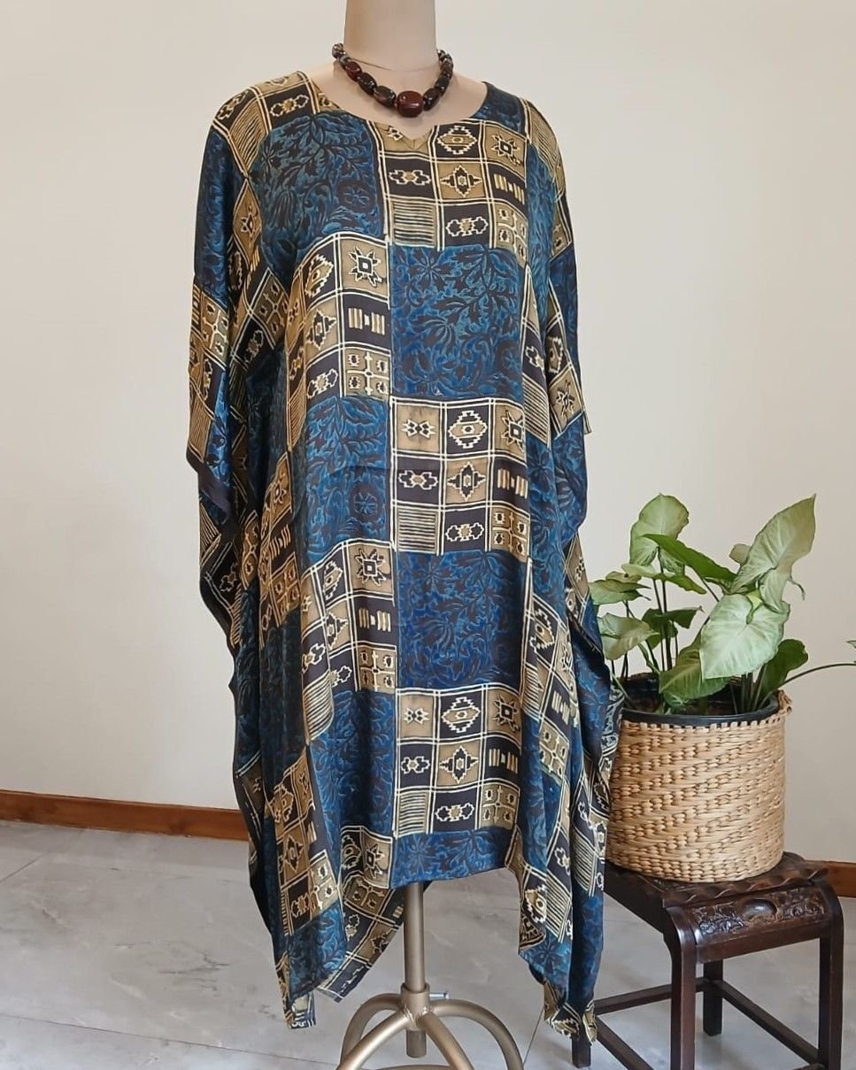 Short Kaftan-style dress in Natural dyes Ajrakh modal silk -(LKSD0013) - Image 2