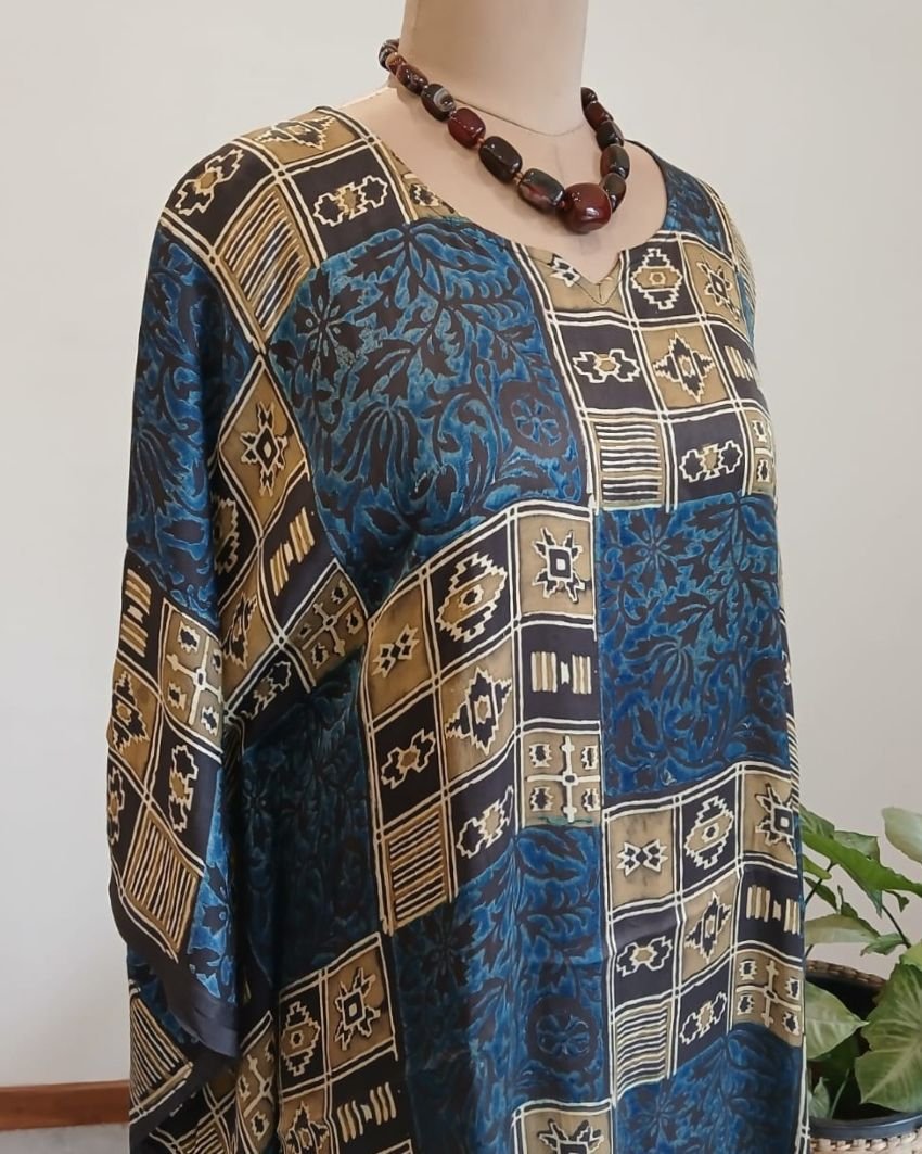 Short Kaftan-style dress in Natural dyes Ajrakh modal silk -(LKSD0013) - Image 3