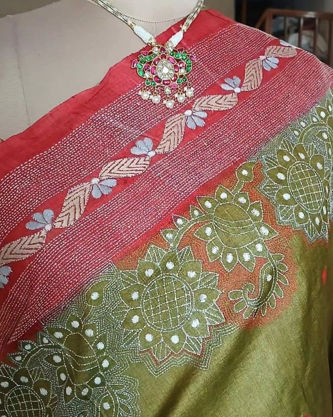Kantha Embroidery from Santiniketan on Tussar Silk Saree - (TSKS0008) - Image 2
