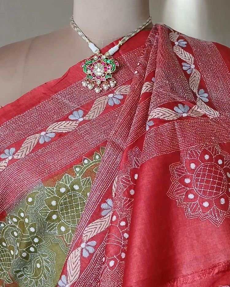 Kantha Embroidery from Santiniketan on Tussar Silk Saree - (TSKS0008) - Image 7