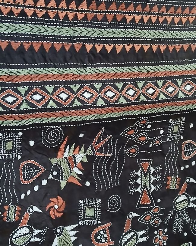 Hand Embroidered Santiniketan Kantha Saree in Pure Bisnupuri Silk - (SNBK0003) - Image 7