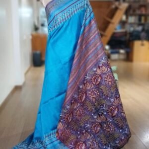 Hand Embroidered Santiniketan Kantha Saree in Pure Bisnupuri Silk - (SNBK0007)