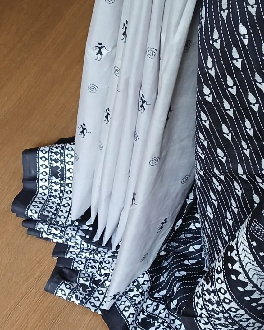 Hand Embroidered Santiniketan Kantha Saree in Pure Bisnupuri Silk - (SNBK0002) - Image 2
