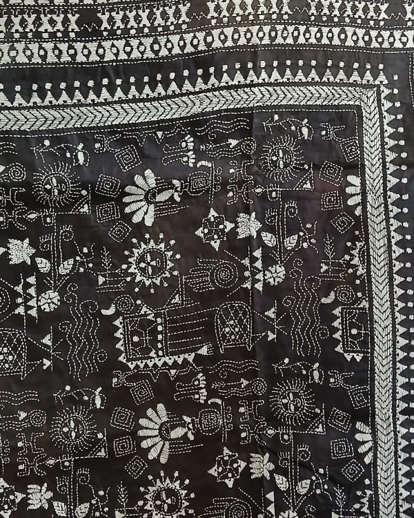 Hand Embroidered Santiniketan Kantha Saree in Pure Bisnupuri Silk - (SNBK0002) - Image 4