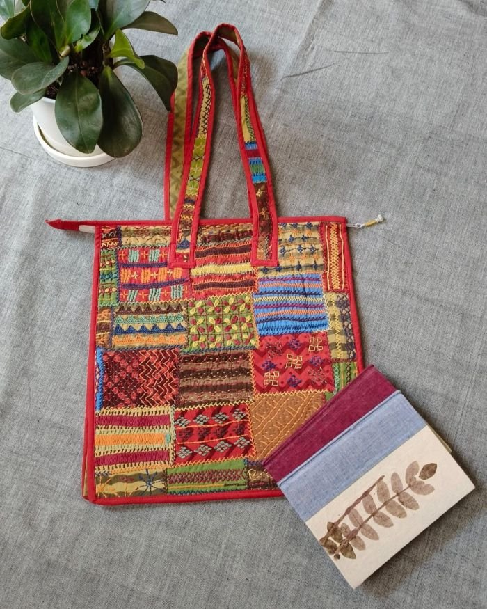 Boho Patchwork Tote Bag with Hand-Embroidery -(TOTB0022) - Image 2