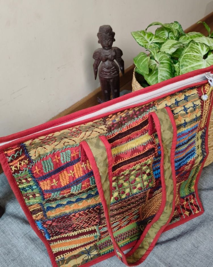 Boho Patchwork Tote Bag with Hand-Embroidery -(TOTB0022) - Image 5