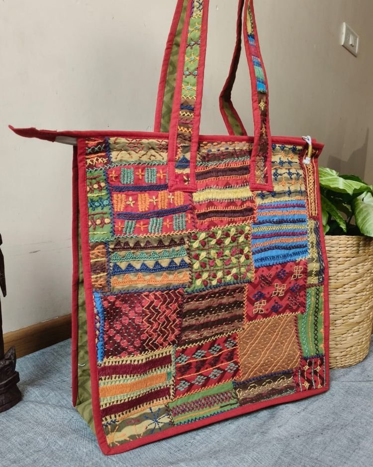 Boho Patchwork Tote Bag with Hand-Embroidery -(TOTB0022)