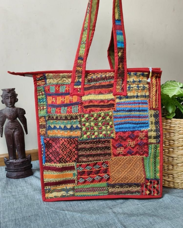 Boho Patchwork Tote Bag with Hand-Embroidery -(TOTB0022) - Image 6