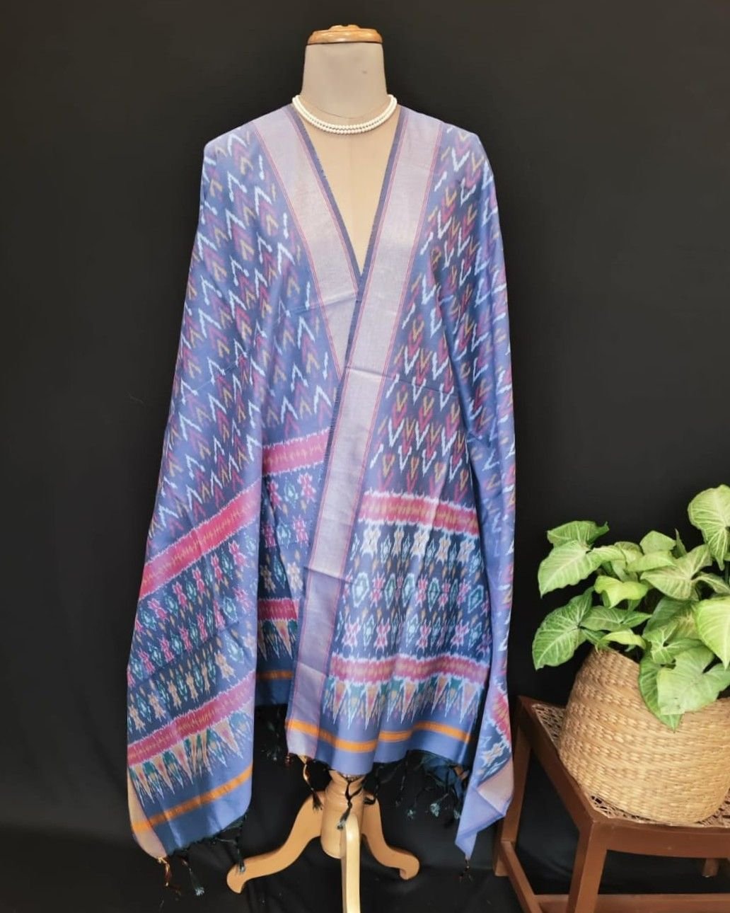 Silk-cotton Ikat Dupatta from Telengana – (SCDT0042)