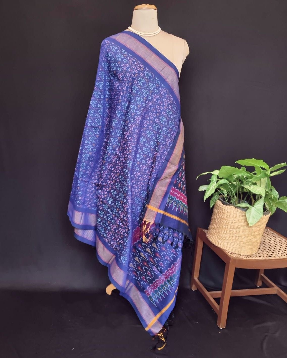 Silk-cotton Ikat Dupatta from Telengana – (SCDT0047) - Image 6
