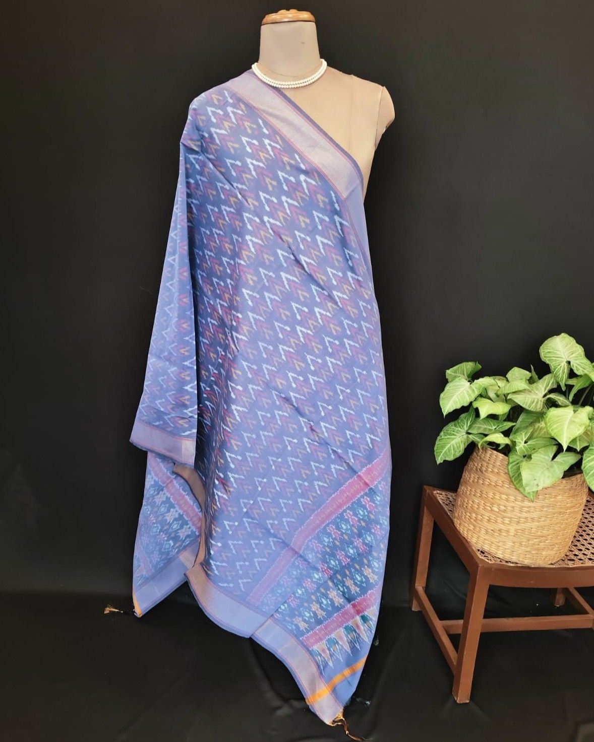 Silk-cotton Ikat Dupatta from Telengana – (SCDT0042) - Image 4