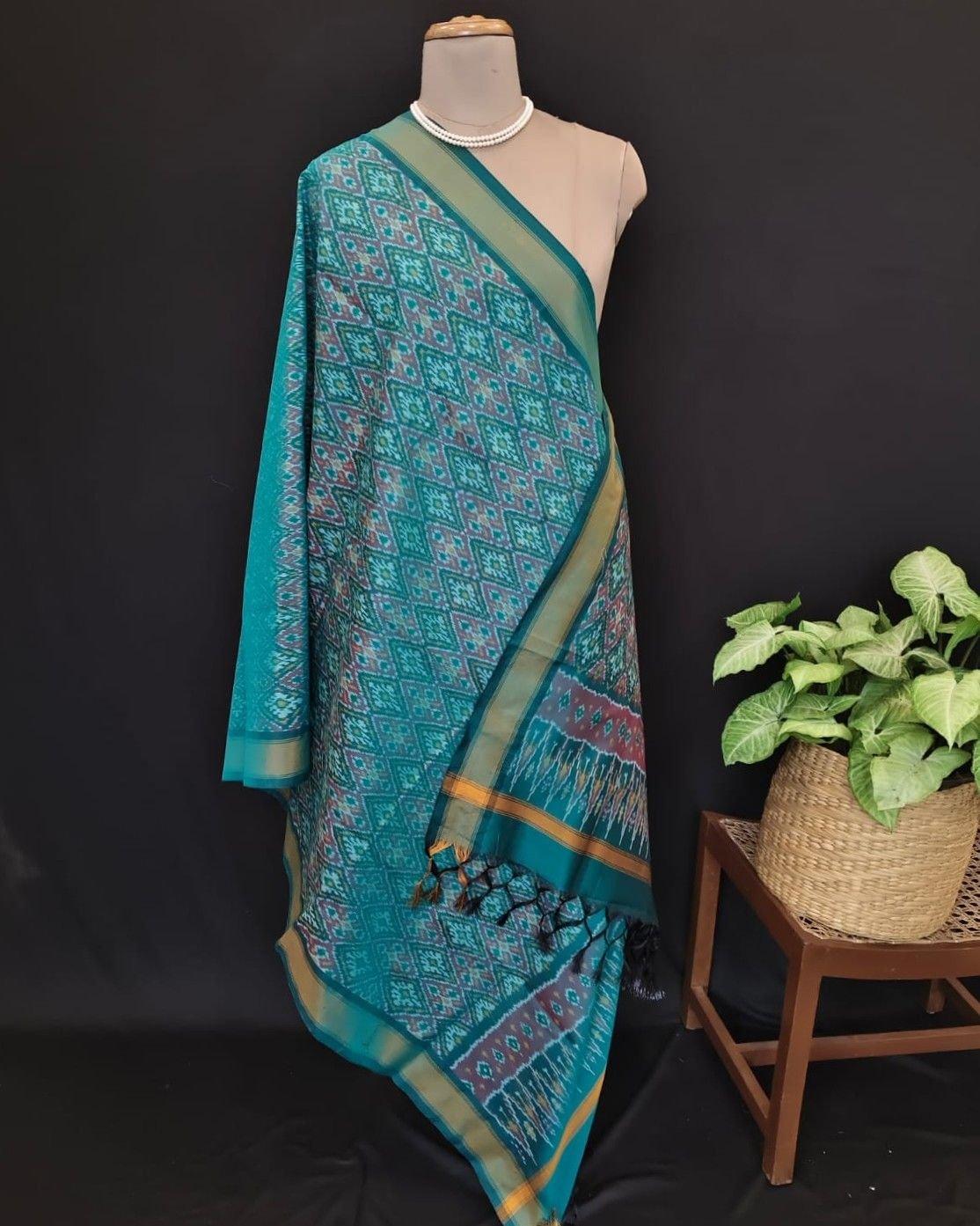 Silk-cotton Ikat Dupatta from Telengana – (SCDT0048) - Image 6