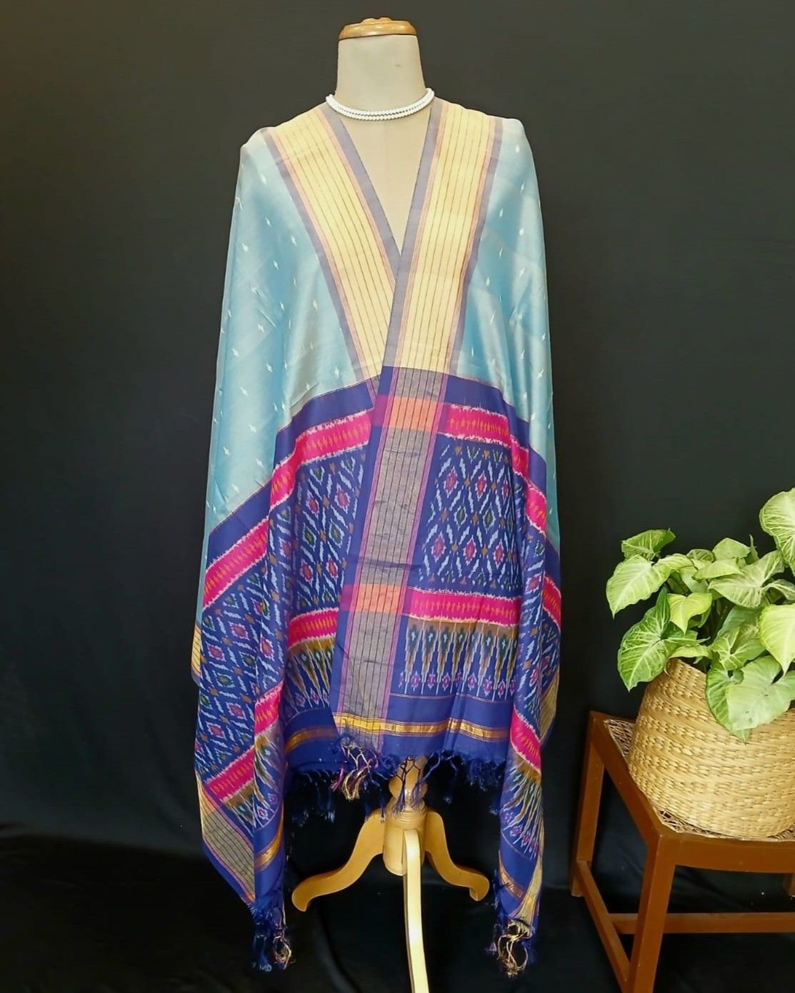 Silk-cotton Ikat Dupatta from Telengana – (SCDT0044)