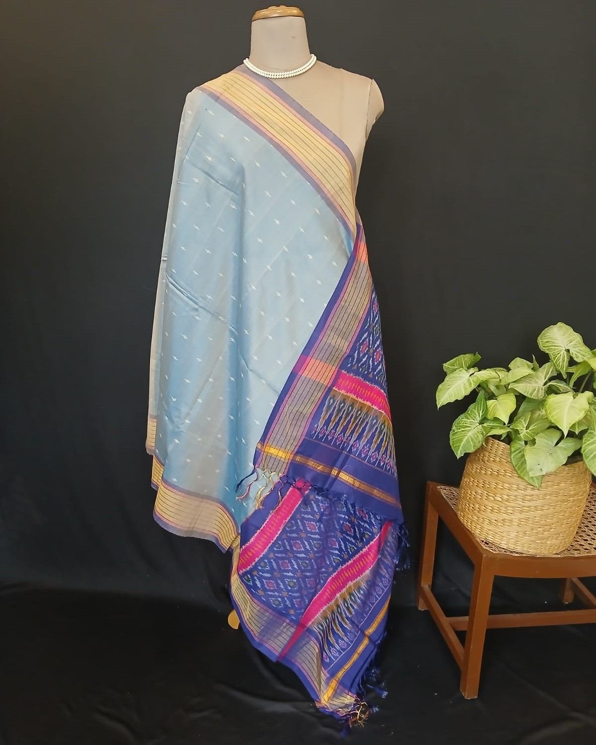 Silk-cotton Ikat Dupatta from Telengana – (SCDT0044) - Image 4