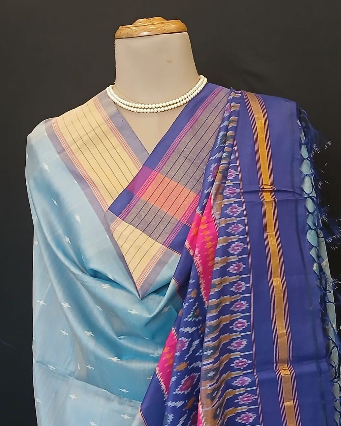 Silk-cotton Ikat Dupatta from Telengana – (SCDT0044) - Image 6