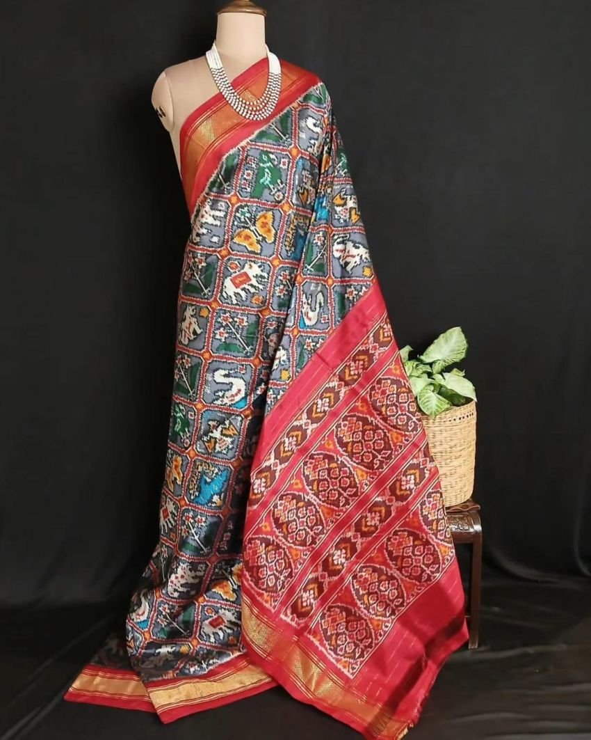 Figurative Pure Silk Ikat Saree in a Grid Design - (NZIS0011)