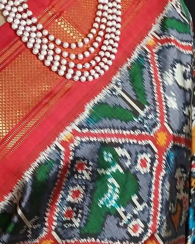 Figurative Pure Silk Ikat Saree in a Grid Design - (NZIS0011) - Image 2