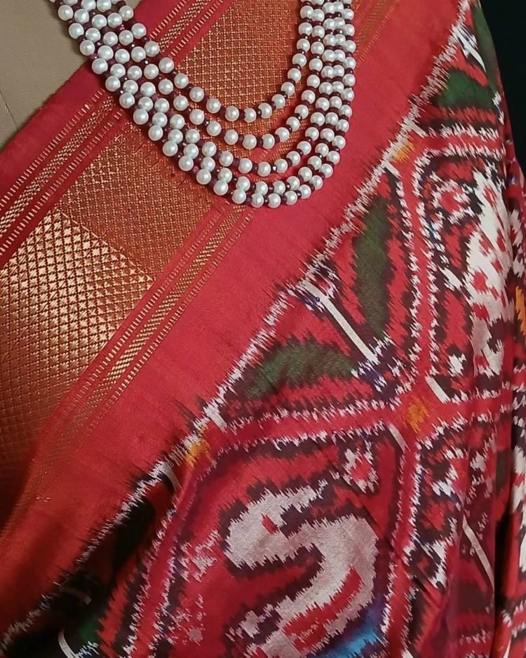 Figurative Pure Silk Ikat Saree in a Grid Design - (NZIS0012) - Image 4