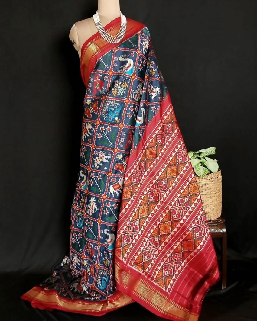 Figurative Pure Silk Ikat Saree in a Grid Design - (NZIS0013)