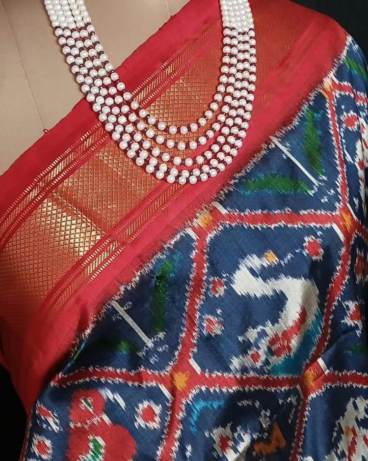 Figurative Pure Silk Ikat Saree in a Grid Design - (NZIS0013) - Image 2