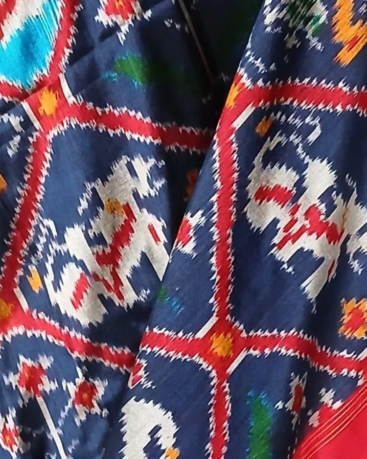Figurative Pure Silk Ikat Saree in a Grid Design - (NZIS0013) - Image 3