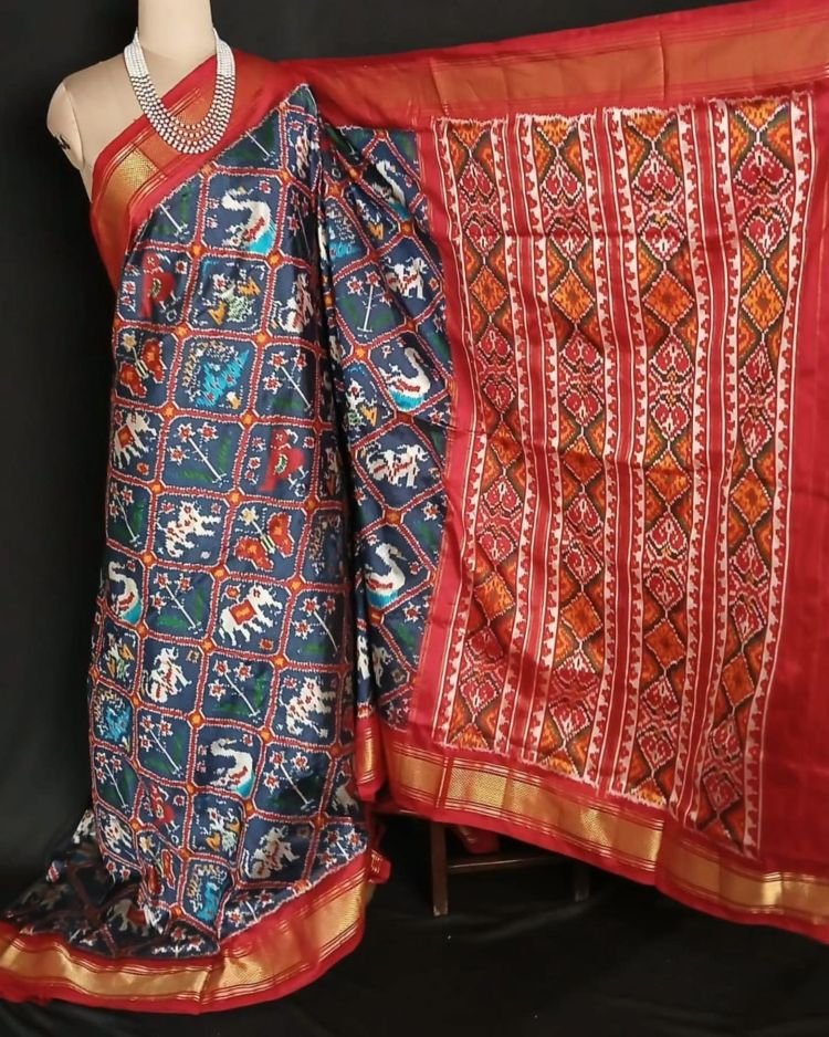 Figurative Pure Silk Ikat Saree in a Grid Design - (NZIS0013) - Image 6
