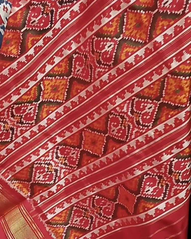 Figurative Pure Silk Ikat Saree in a Grid Design - (NZIS0013) - Image 7