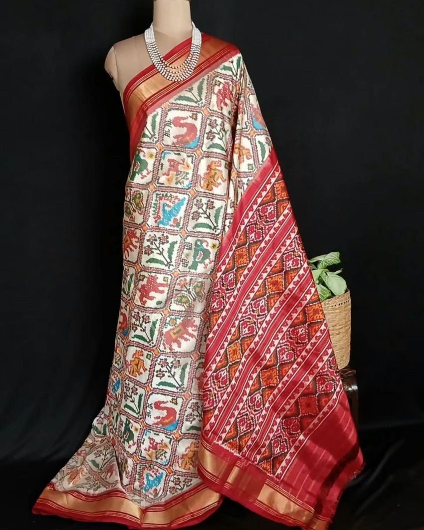 Figurative Pure Silk Ikat Saree in a Grid Design - (NZIS0014)