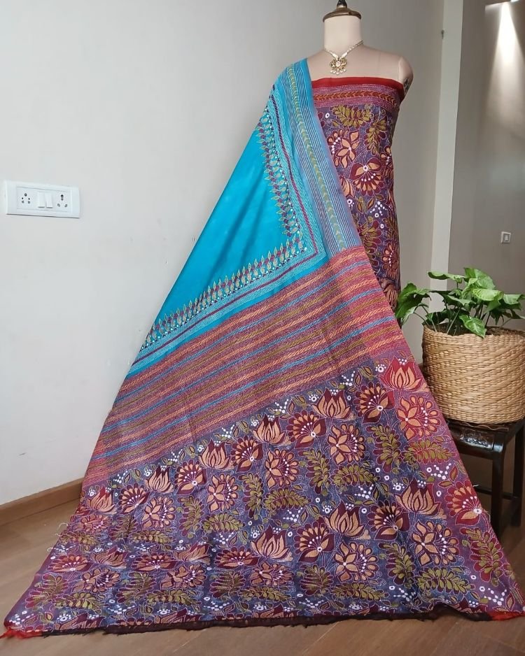 Hand Embroidered Santiniketan Kantha Saree in Pure Bisnupuri Silk - (SNBK0007)